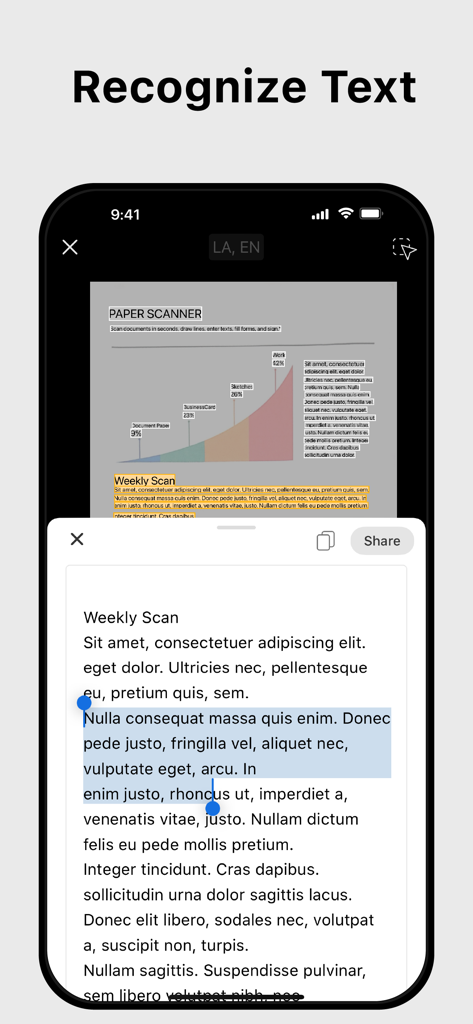 Doc Scan Pro app interface showing the text recognition and OCR feature