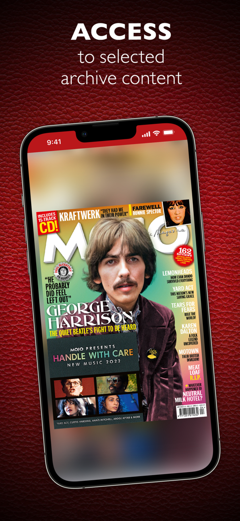 iPhone screen displaying MOJO magazine cover of George Harrison with archive access text