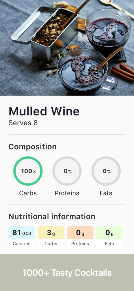 Mulled wine recipe screen showing nutritional information and composition
