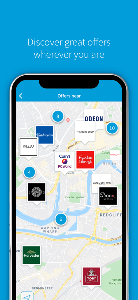 vouchercloud: vouchers offers - Una interfaz de mapa en la app vouchercloud que muestra descuentos de tiendas y restaurantes locales.