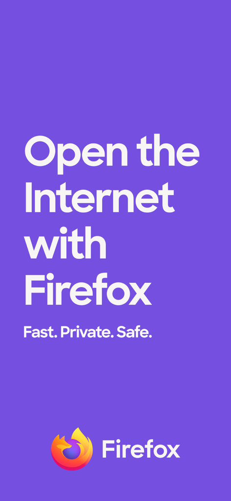 Firefox welcome screen showing logo and text describing it as fast private and safe