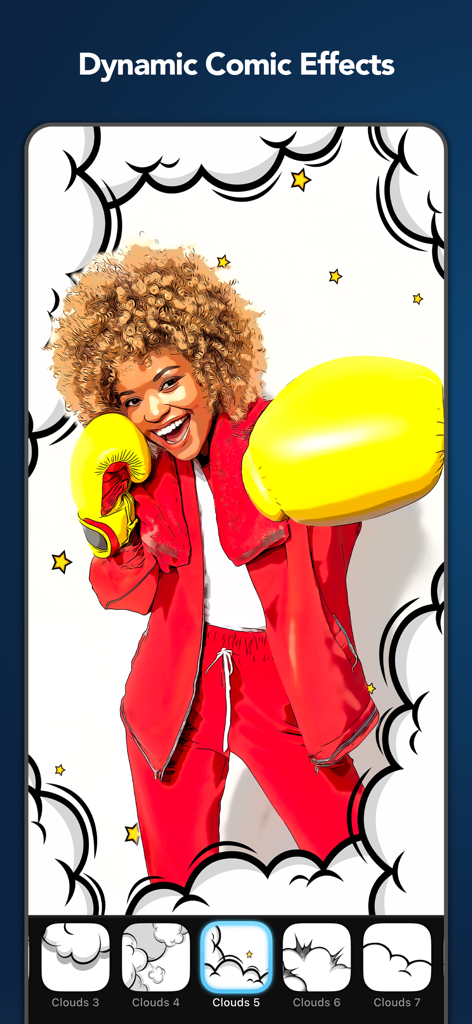 A woman in boxing gloves transformed into a comic book character with dynamic action clouds.