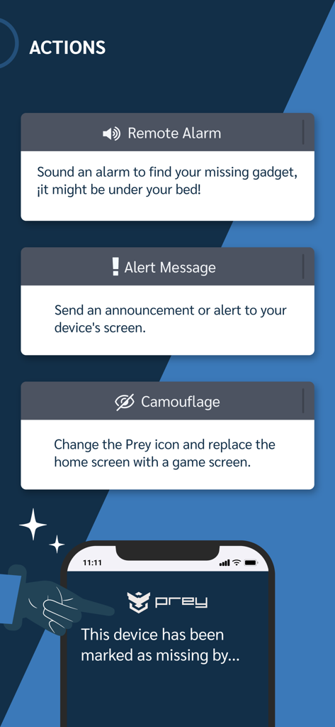 Prey app interface showing security actions including remote alarm alert message and camouflage mode
