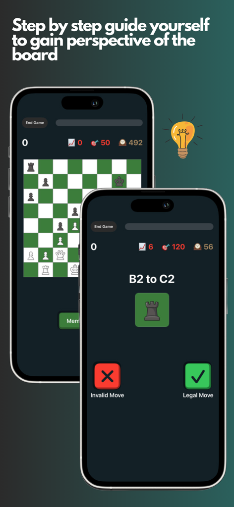 Blindfold Chess - Blindfold Chess app screenshot showing step by step guide to gain board perspective and notation practice interface