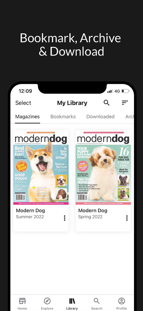 Modern Dog - Modern Dog app library interface showing available digital magazine issues for dog lovers