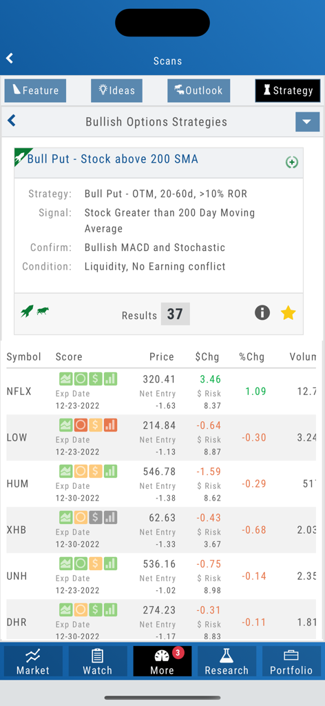 Ecrã da app Trade Tool, exibindo varreduras de estratégias de opções de alta e dados do mercado de ações