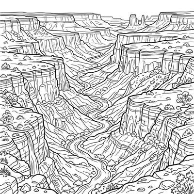 Dive into the breathtaking grandeur of nature with this intricate Plateau Valleys coloring page. Featuring a dramatic canyon landscape with layered cliffs and a winding river, it offers a challenging yet relaxing artistic escape for all skill levels.