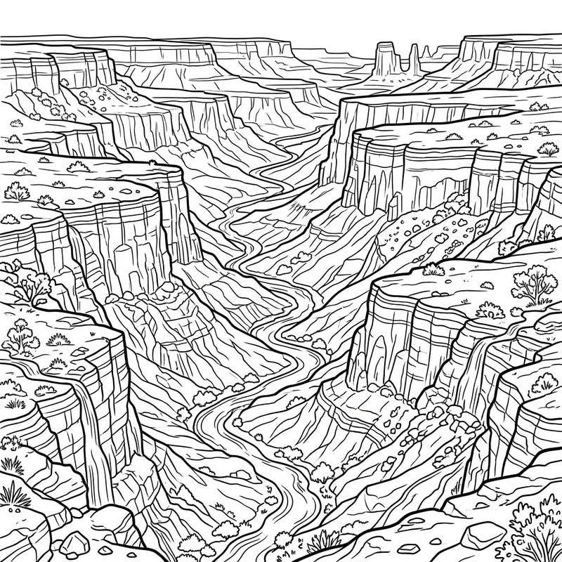 Dive into the breathtaking grandeur of nature with this intricate Plateau Valleys coloring page. Featuring a dramatic canyon landscape with layered cliffs and a winding river, it offers a challenging yet relaxing artistic escape for all skill levels.