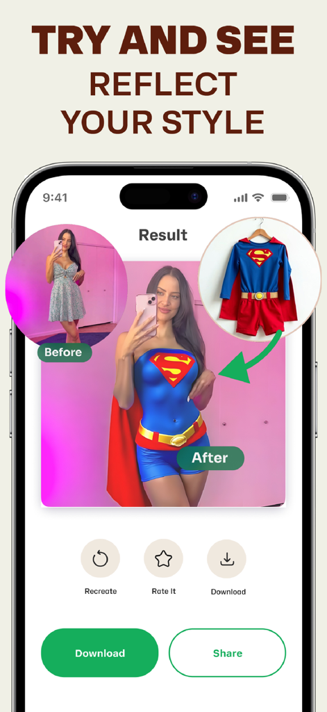 Clothy: AI Clothes Changer - Comparación de antes y después de una mujer usando Clothy AI para probarse virtualmente un disfraz de Superman.