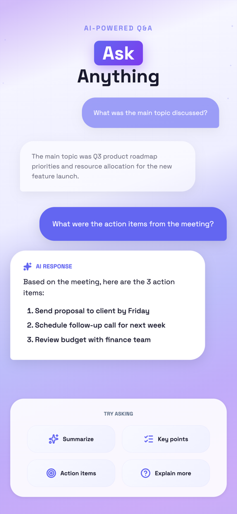 SpeakNotes app interface showing AI powered Q and A feature to ask questions about meeting transcripts.