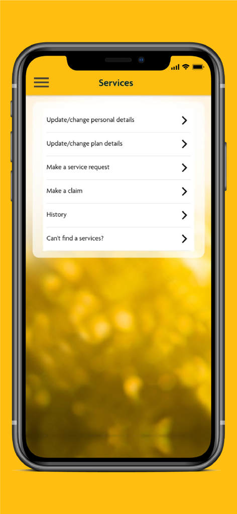 SunAccess Malaysia app services menu with options for updating personal details, plan details, making claims, and viewing history