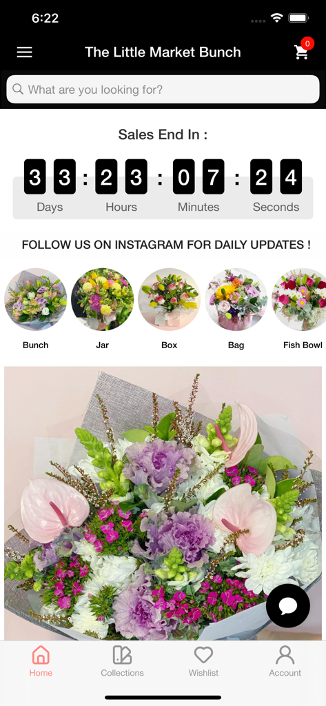 The Little Market Bunch - Tela inicial do aplicativo The Little Market Bunch exibindo buquês de flores frescas e categorias de arranjos florais