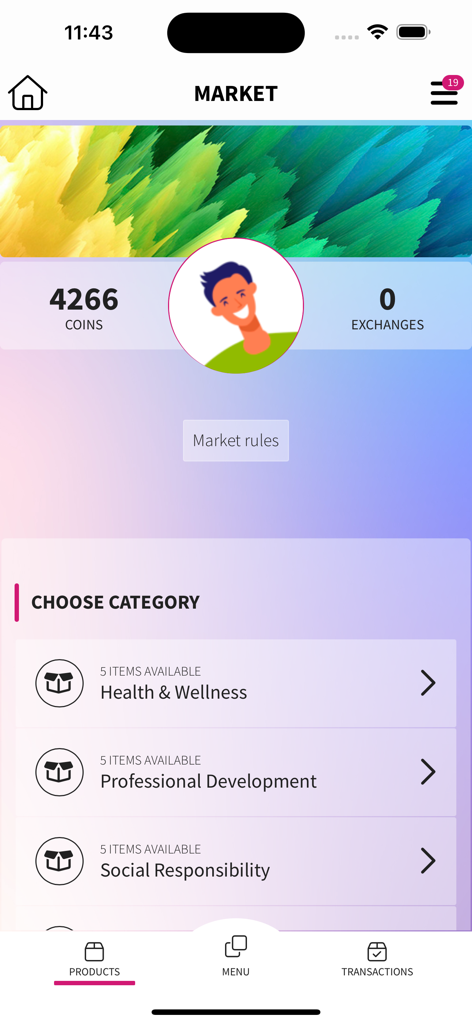 GFoundry - GFoundry Mobile App Marktplatz-Bildschirm mit Anzeigen für virtuelle Münzen des Benutzers und Belohnungskategorien wie Gesundheit und Wohlbefinden