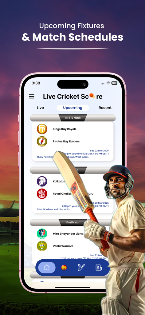 Live Cricket TV- HD Streaming. - Mobile app interface displaying upcoming cricket match fixtures and schedules