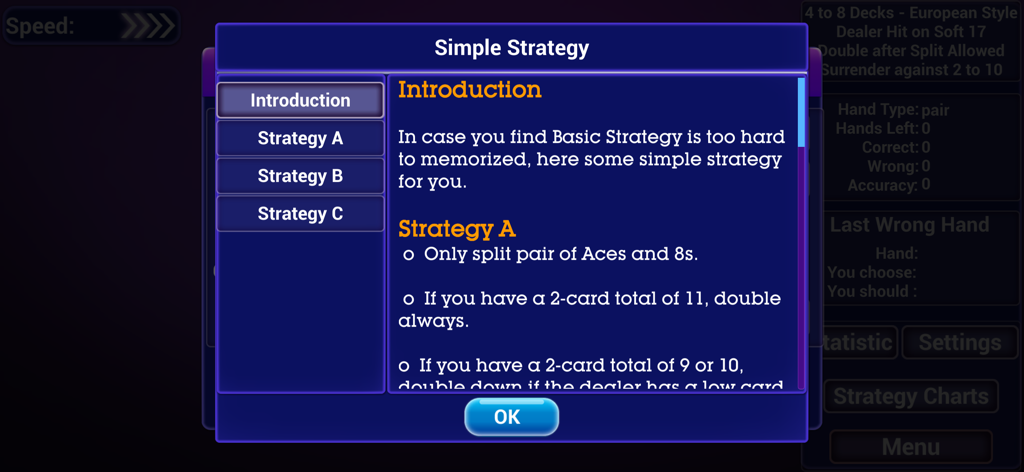 Simple blackjack strategy guide and rules in the trainer app