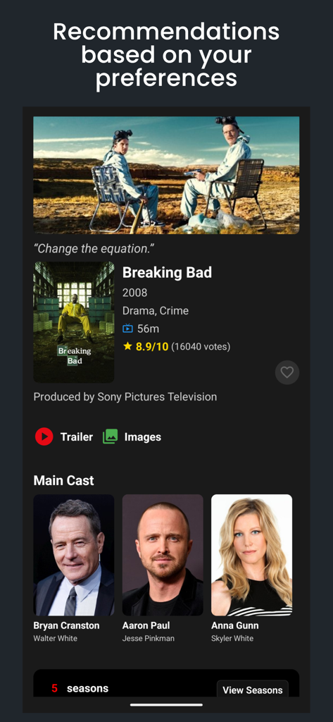 MisPelis - MyMovies - MisPelis app interface showing a personalized recommendation for Breaking Bad with cast details and ratings