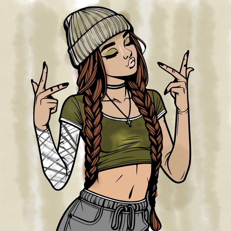 realistic teenage girl with braids and a beanie and crop top doing 🫶🏼