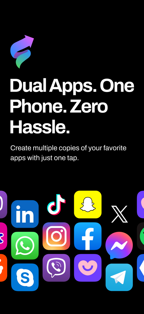 Clone It: Dual App Cloner - Promotional screen for Clone It app featuring social media icons and the headline Dual Apps One Phone Zero Hassle.