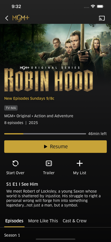 MGM plus app interface showing the series details page for the original show Robin Hood.