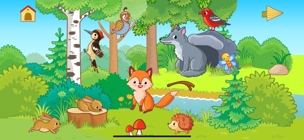 Baby animal games for kids - Kids educational game showing a cartoon forest with a fox wolf and rabbits