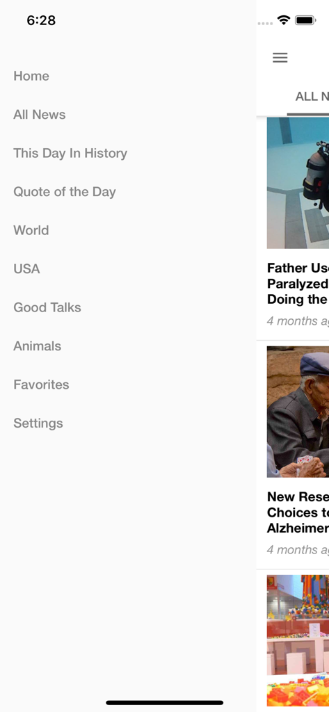 Good News Network - Side navigation menu of the Good News Network app showing news categories like World, USA, and Animals