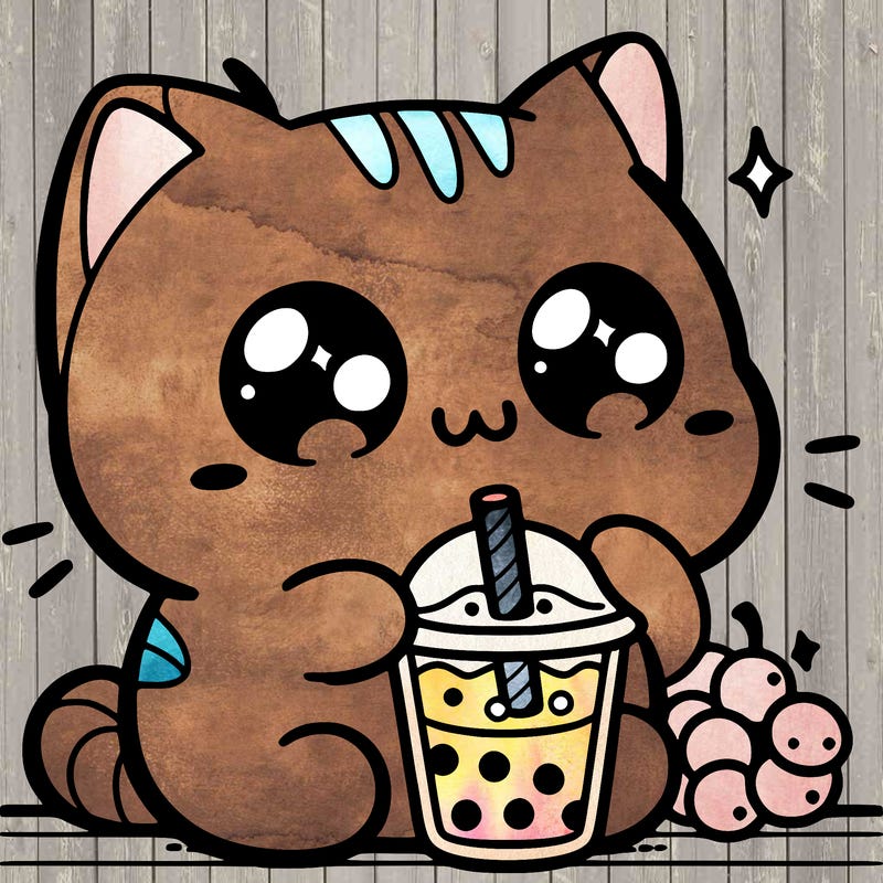 super cute kawaii cat drinking boba