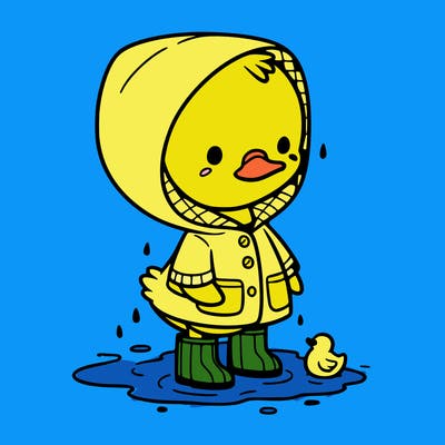 baby duck in a rain coat and boots, in a puddle while it’s raining