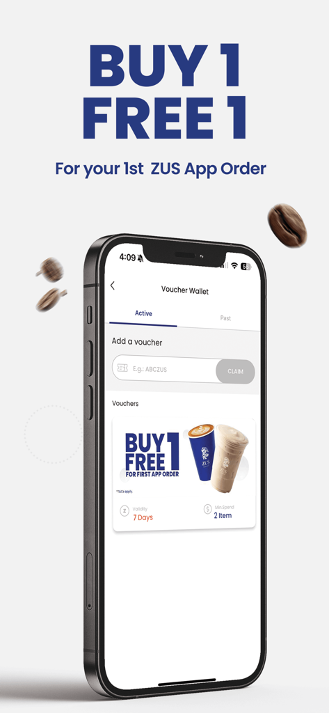 ZUS Coffee app screen showing a Buy 1 Free 1 voucher for the first order