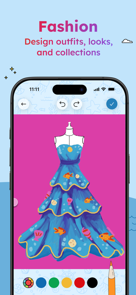 Project Aqua: Adobe for Kids - Project Aqua 앱 내의 분홍색 배경에 물고기와 조개 껍데기 패턴이 있는 파란색 계단식 드레스의 디지털 패션 디자인
