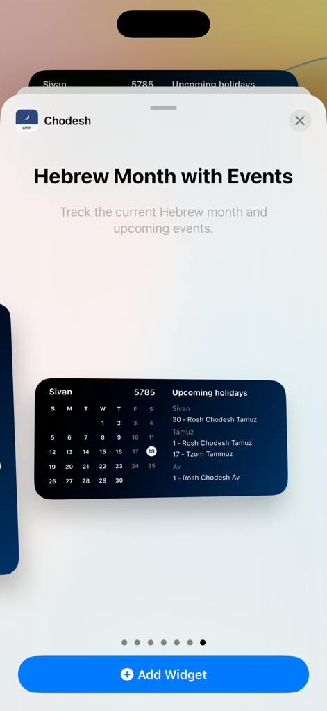 Chodesh Hebrew Date & Calendar - Hebrew calendar widget showing the month of Sivan and upcoming Jewish holidays