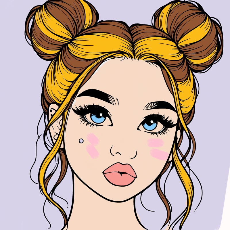 realistic girl with two buns on her hair and lips