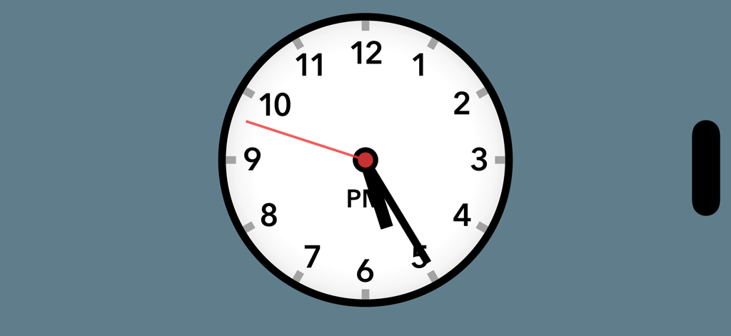 Fullscreen Clock: Flip & Focus - Minimalist analog clock face with a white dial and red second hand on a dark grey background