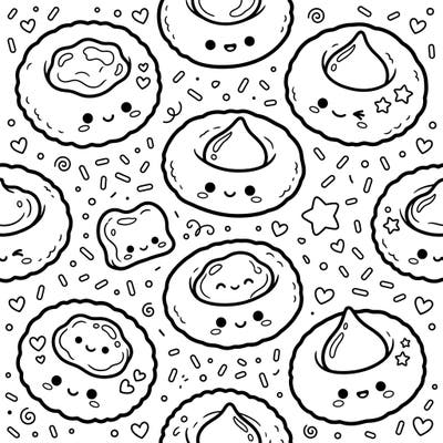 Get ready to sweeten your day with this charming Kawaii Thumbprint Cookies coloring page. Featuring an array of adorable, smiling cookies amidst a flurry of sprinkles and hearts, it's a delightful treat for your artistic soul.