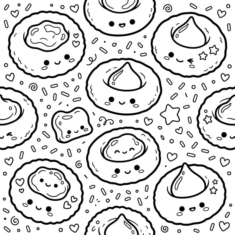 Get ready to sweeten your day with this charming Kawaii Thumbprint Cookies coloring page. Featuring an array of adorable, smiling cookies amidst a flurry of sprinkles and hearts, it's a delightful treat for your artistic soul.