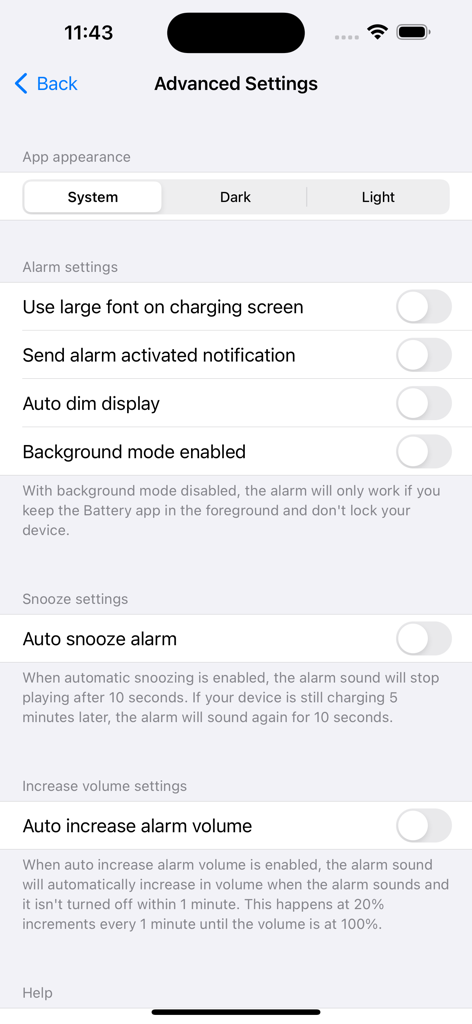 Advanced settings screen of the Battery Charge Alarm app for customizing alerts and appearance.