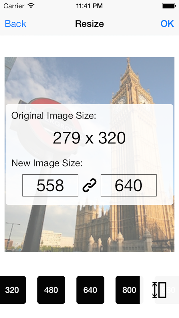 Image Resizer Free - Screenshot of the Image Resizer Free app showing the interface to change image dimensions and select preset sizes.