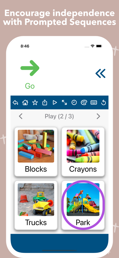 Una captura de pantalla de la aplicación Mighty AAC que muestra la función de Secuencias Guiadas con opciones de actividades de juego que incluyen bloques, crayones, camiones y un parque