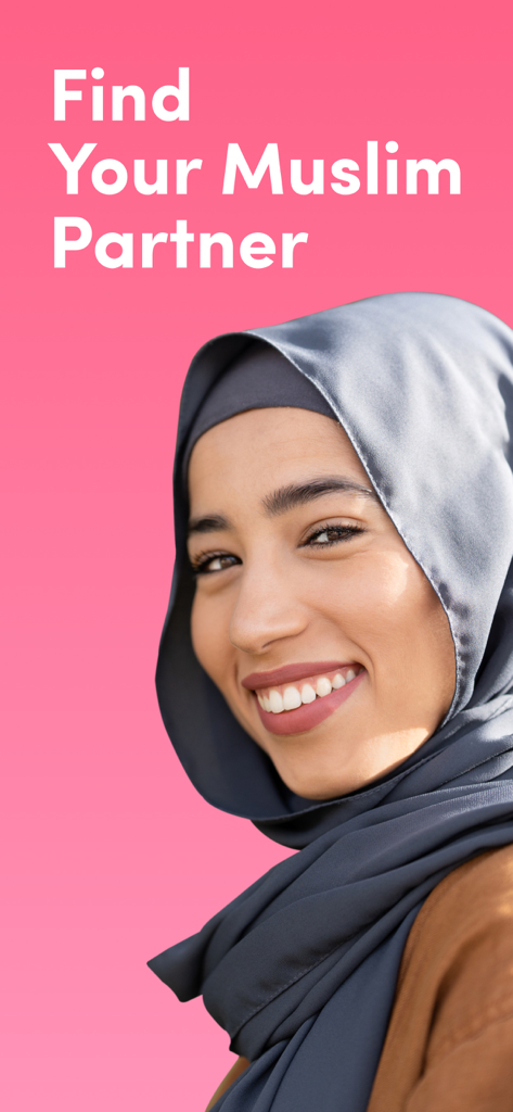 Eine lächelnde Muslimin mit Hijab mit dem Text Find Your Muslim Partner