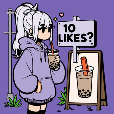 girl with oversized hoodie drinking boba and she has a high ponytail with a sign that says 10likes?