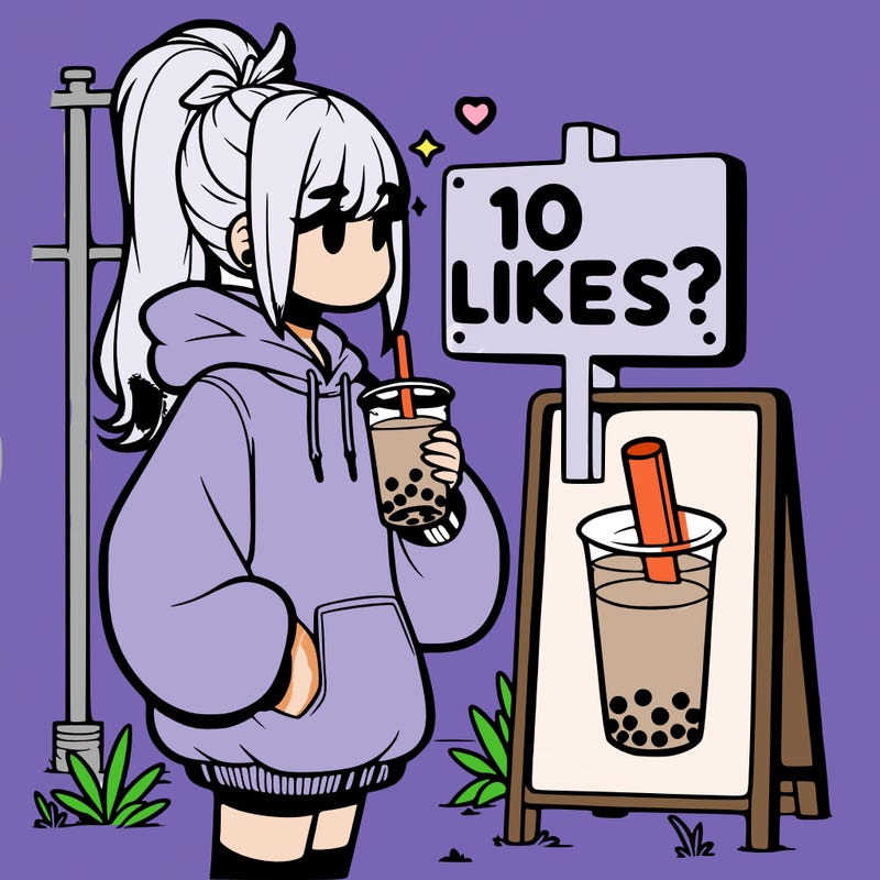 girl with oversized hoodie drinking boba and she has a high ponytail with a sign that says 10likes?