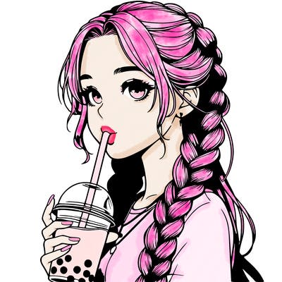 realistic girl with braided hair drinking boba
