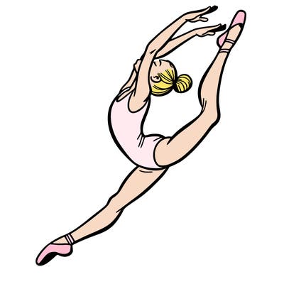gymnast doing a leap in a leotard with a bent back leg
