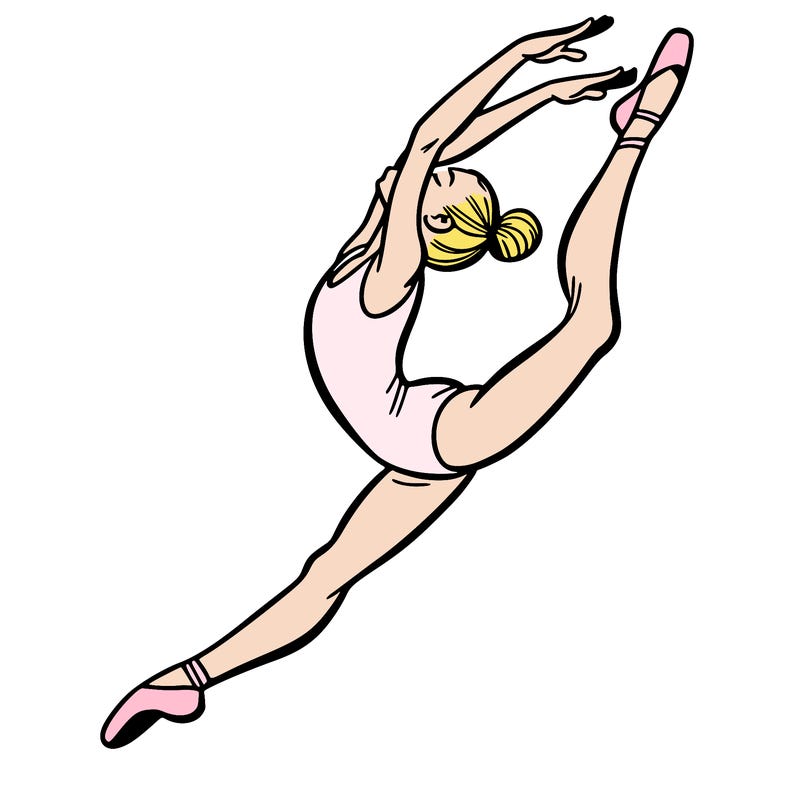 gymnast doing a leap in a leotard with a bent back leg