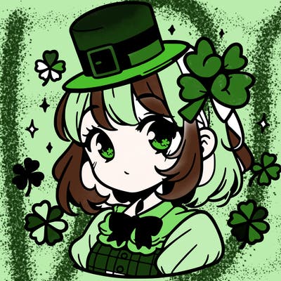 a manga-style girl with clovers around her, a little hat in her hair, like it's saint patrick's day