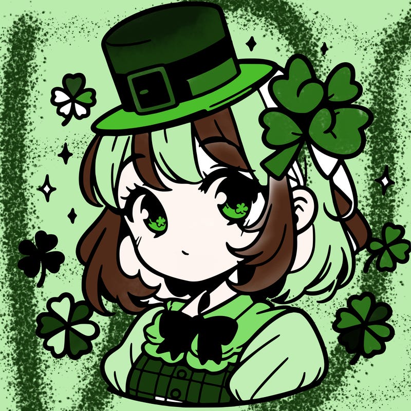 a manga-style girl with clovers around her, a little hat in her hair, like it's saint patrick's day