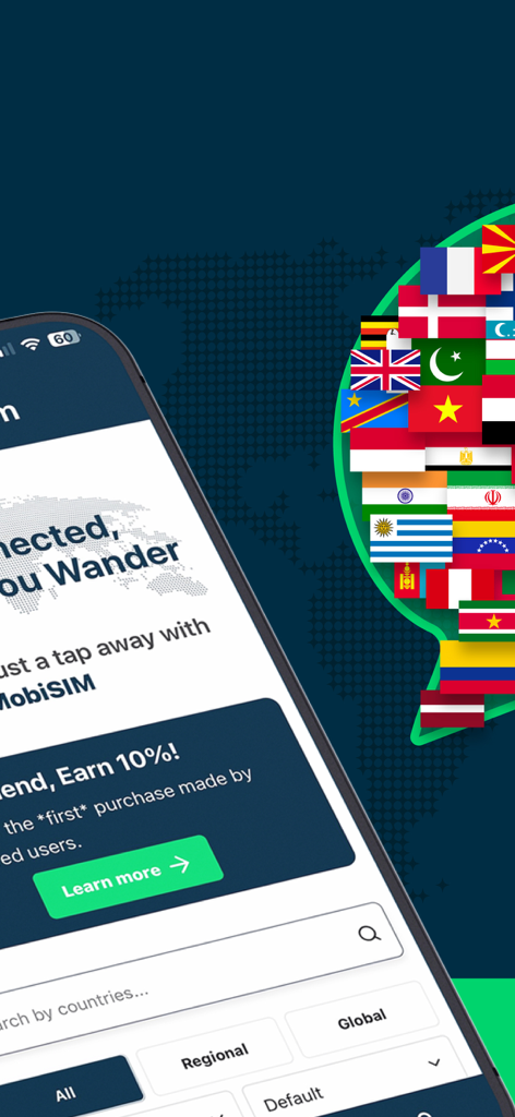 MobiSIM - Interfaz de la aplicación MobiSIM que muestra planes de datos eSIM globales y banderas internacionales