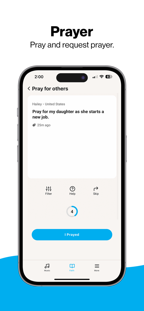 K-LOVE - Schermata di preghiera dell'app K-LOVE dove gli utenti possono visualizzare e rispondere alle richieste di preghiera degli altri.