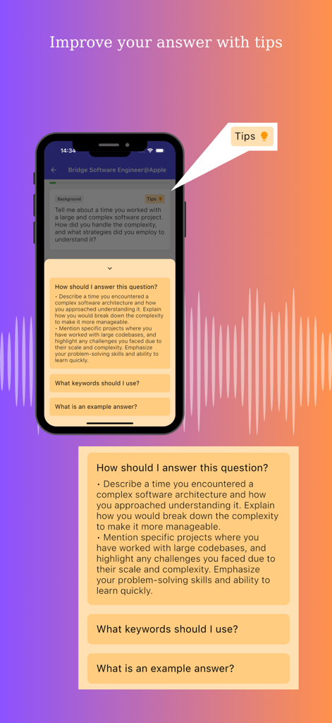 AI Interview Coach - Interfaz del Entrenador de Entrevistas IA que muestra consejos y asesoramiento de expertos para responder a una pregunta de entrevista para ingenieros de software.