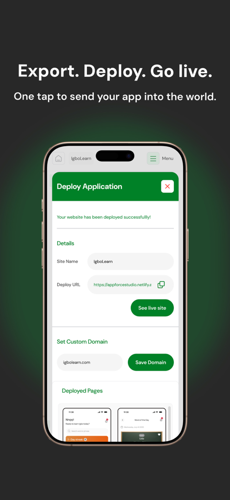 Schermata di distribuzione dell'app mobile che mostra un'esportazione riuscita con impostazioni di dominio personalizzate e un pulsante di anteprima del sito live