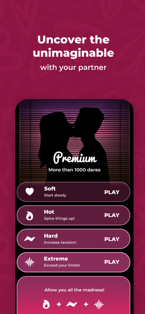 Interface of the Truth or Dare Game for Couples app displaying game difficulty levels from Soft to Extreme